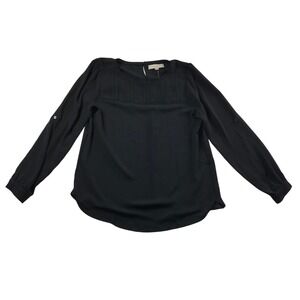 LOFT Womens Black Pintuck Pleated Yoke Roll Tab Sleeve Blouse Size M 477582